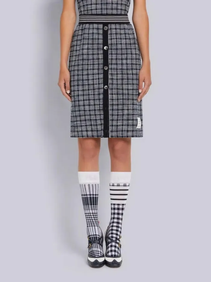 Textured Micro 4bar Check Cotton Tweed Button Placket Knee Length Skirt Navy Women Thom Browne Skirts Textured Micro 4bar Check Cotton Tweed Button Placket Knee Length Skirt Navy Women Thom Browne Skirts