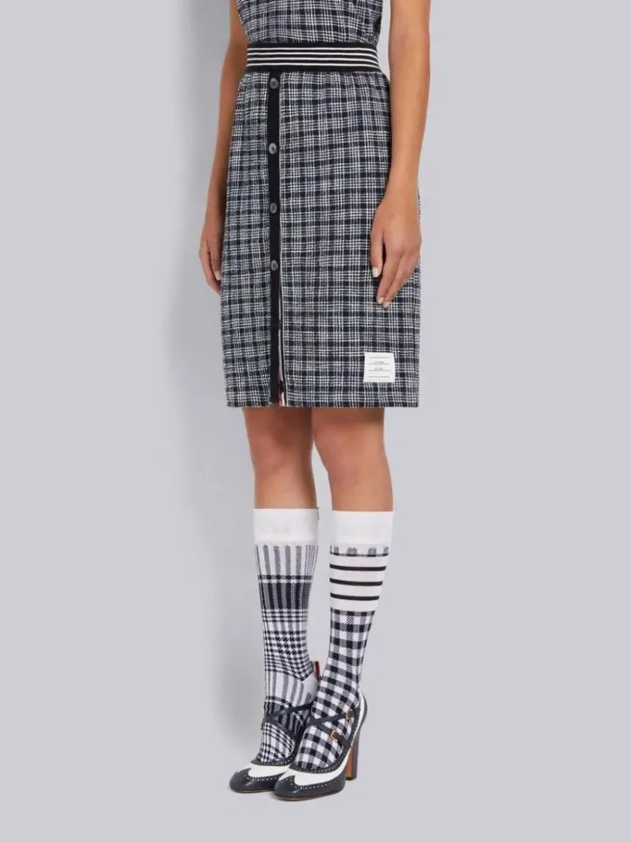 Textured Micro 4bar Check Cotton Tweed Button Placket Knee Length Skirt Navy Women Thom Browne Skirts