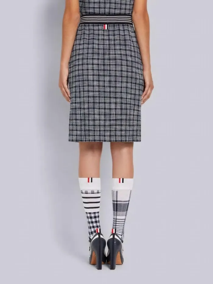 Textured Micro 4bar Check Cotton Tweed Button Placket Knee Length Skirt Navy Women Thom Browne Skirts