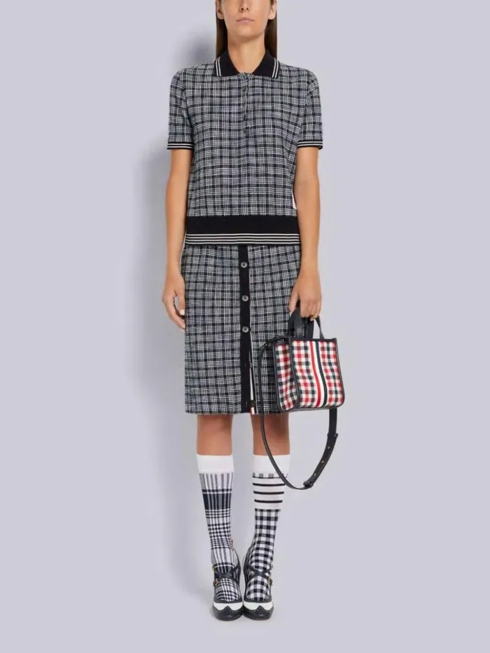 Textured Micro 4bar Check Cotton Tweed Button Placket Knee Length Skirt Navy Women Thom Browne Skirts