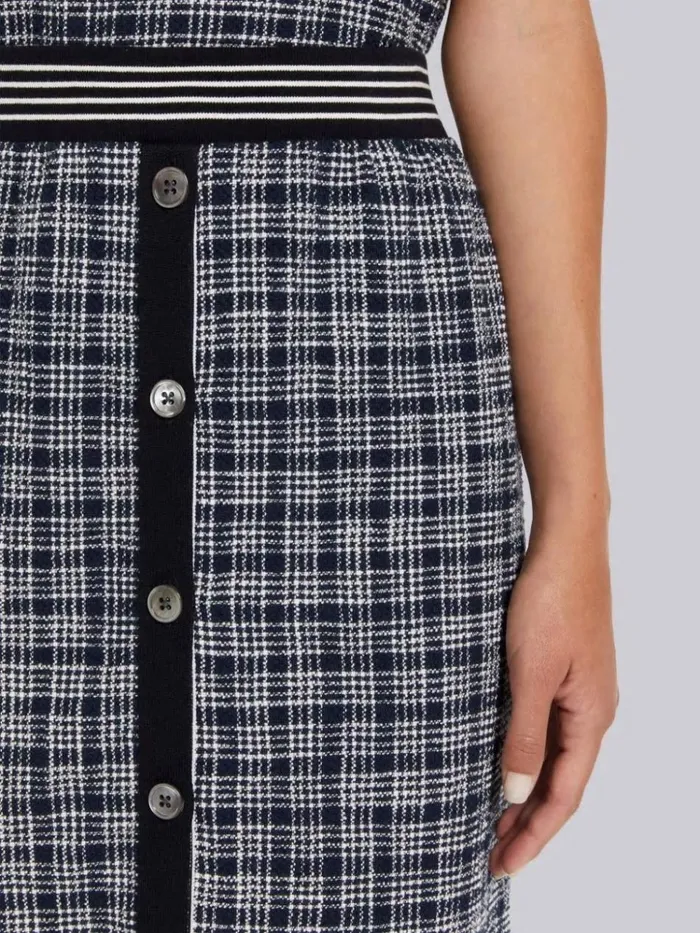 Textured Micro 4bar Check Cotton Tweed Button Placket Knee Length Skirt Navy Women Thom Browne Skirts