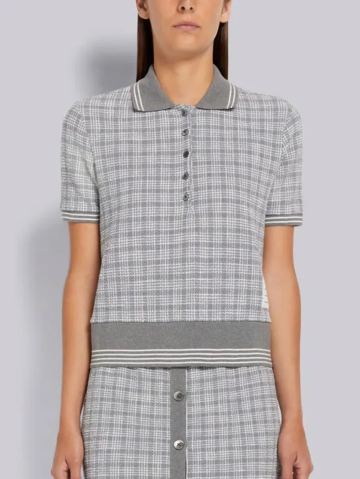 Textured Micro 4bar Check Cotton Tweed Rib Cuff Polo Medium Grey Women Thom Browne Tshirts and Polos