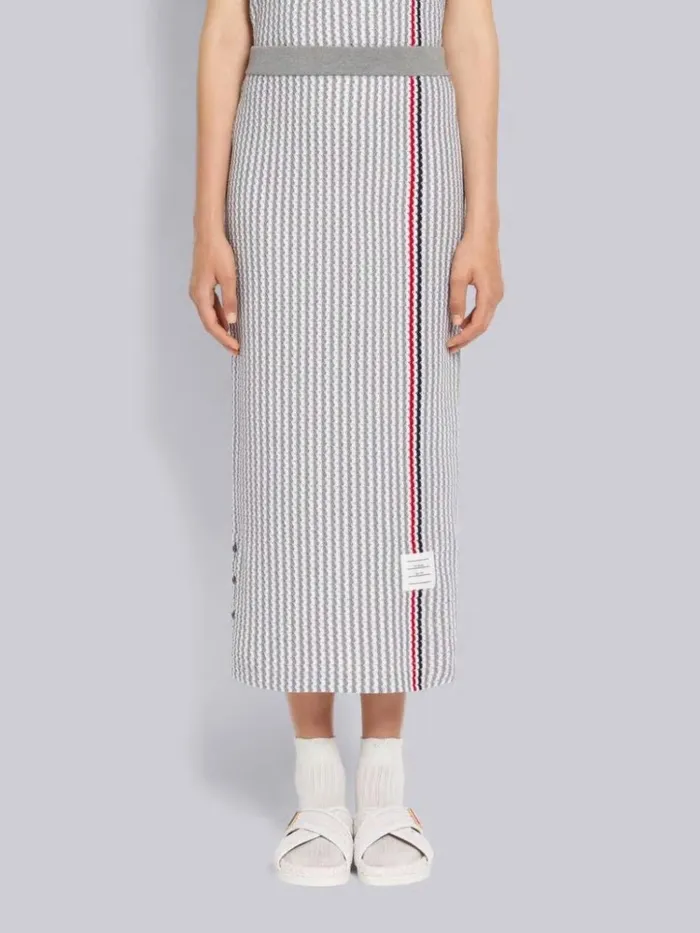 University Stripe Cotton Tweed Engineered Stripe Side Vent Calf Length Skirt Light Grey Women Thom Browne Skirts University Stripe Cotton Tweed Engineered Stripe Side Vent Calf Length Skirt Light Grey Women Thom Browne Skirts