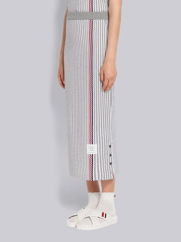 University Stripe Cotton Tweed Engineered Stripe Side Vent Calf Length Skirt Light Grey Women Thom Browne Skirts