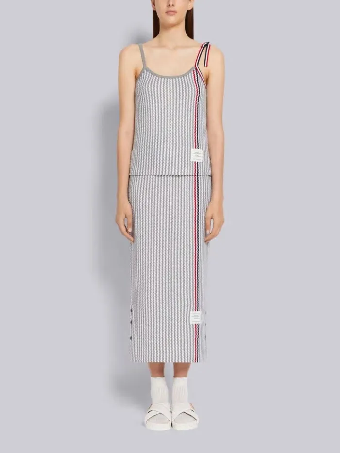 University Stripe Cotton Tweed Engineered Stripe Side Vent Calf Length Skirt Light Grey Women Thom Browne Skirts