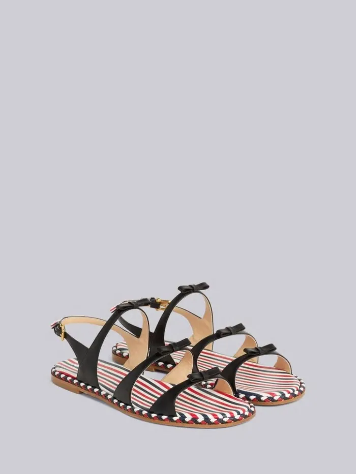 Vitello Calf Leather Cord Trimmed Leather Sole 3bow Slingback Sandal Black Women Thom Browne Slippers and Sandals