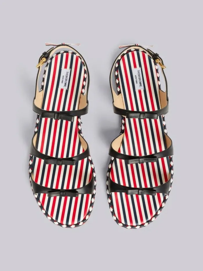 Vitello Calf Leather Cord Trimmed Leather Sole 3bow Slingback Sandal Black Women Thom Browne Slippers and Sandals