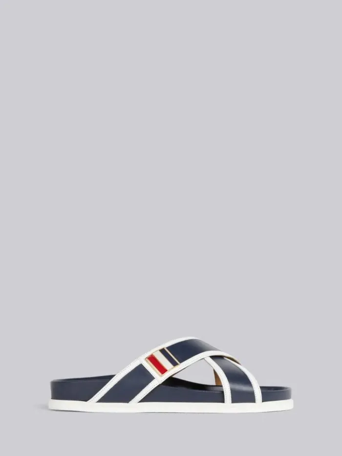 Vitello Calf Leather Stripe Enamel Buckle Criss Cross Sandal Navy Men Thom Browne Slippers and Sandals Vitello Calf Leather Stripe Enamel Buckle Criss Cross Sandal Navy Men Thom Browne Slippers and Sandals