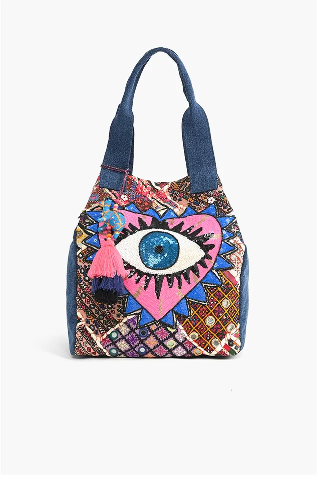 Watch Over Me Evil Eye Denim Tote Watch Over Me Evil Eye Denim Tote
