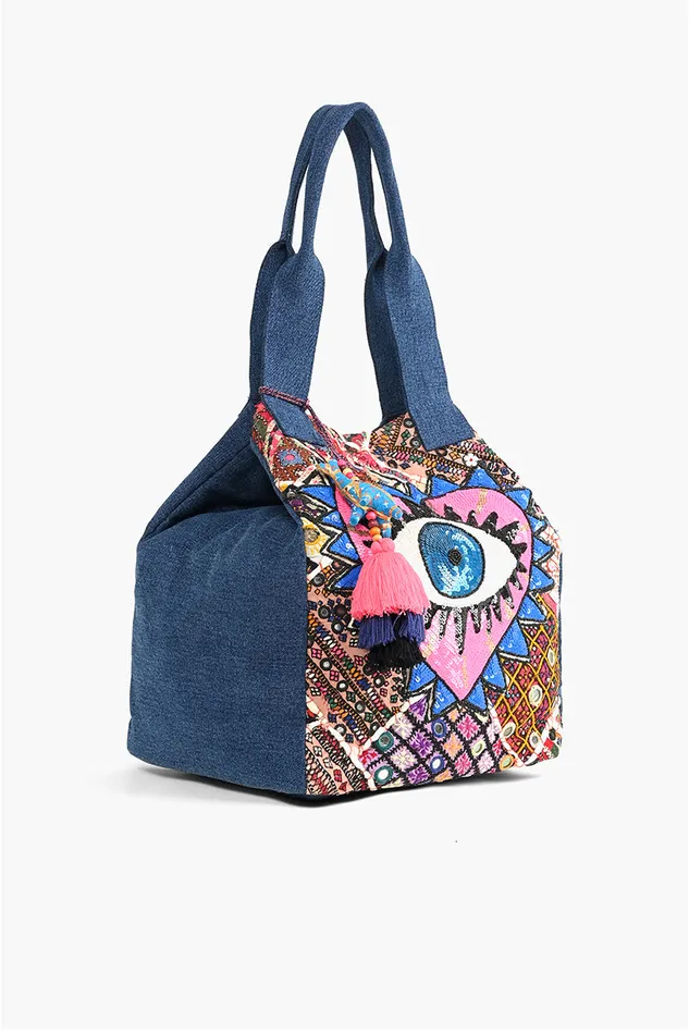 Watch Over Me Evil Eye Denim Tote Watch Over Me Evil Eye Denim Tote