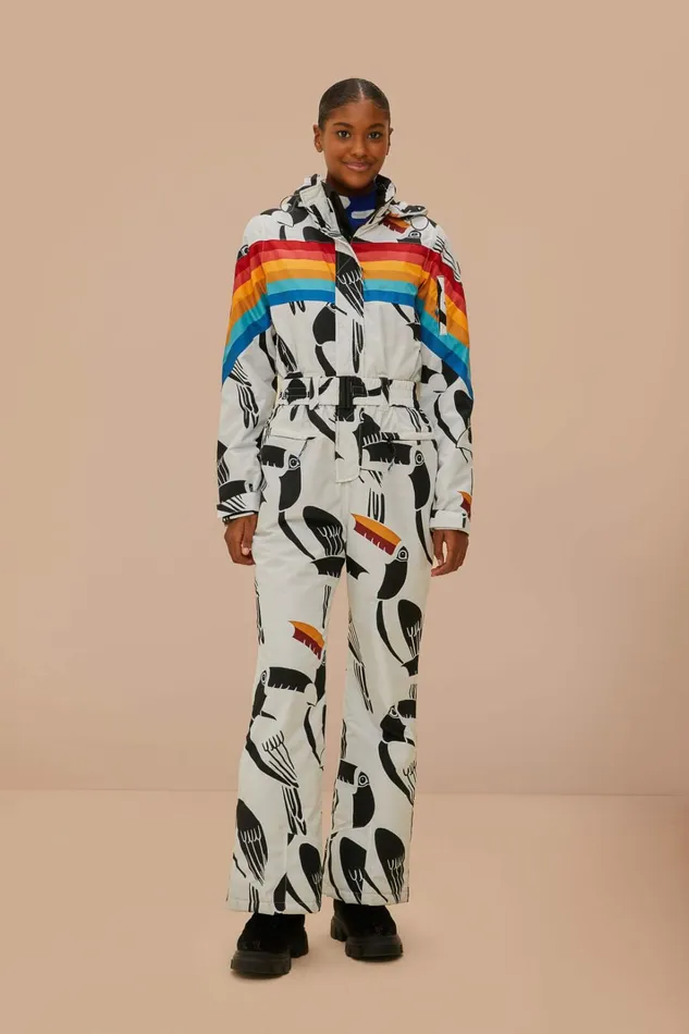 White Toucans Rainbow Ski Jumpsuit Women FARM Rio Puffer Jackets
