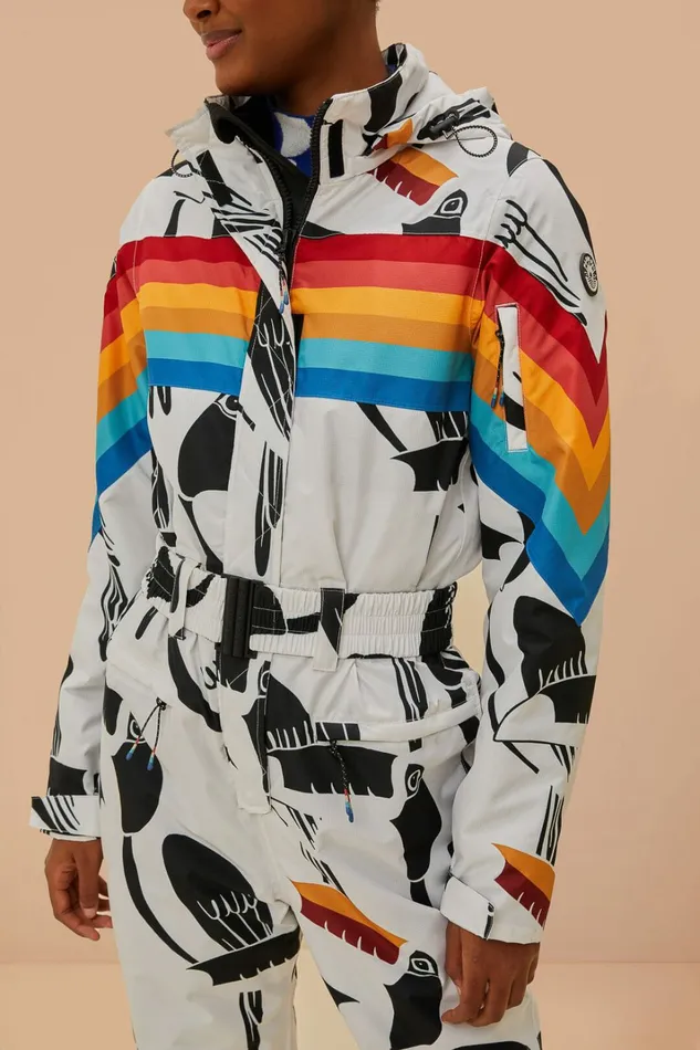 White Toucans Rainbow Ski Jumpsuit Women FARM Rio Puffer Jackets White Toucans Rainbow Ski Jumpsuit Women FARM Rio Puffer Jackets