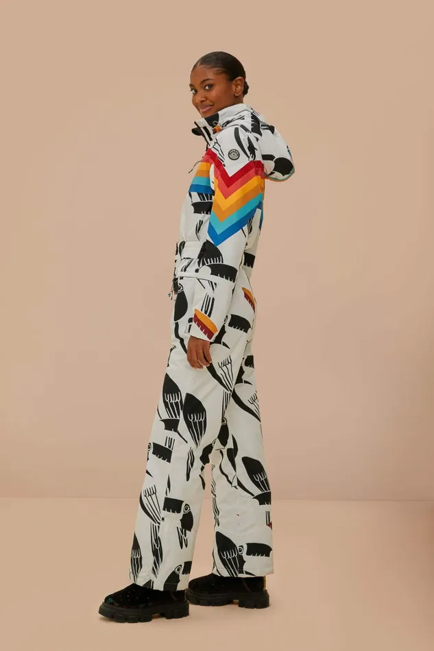 White Toucans Rainbow Ski Jumpsuit Women FARM Rio Puffer Jackets White Toucans Rainbow Ski Jumpsuit Women FARM Rio Puffer Jackets