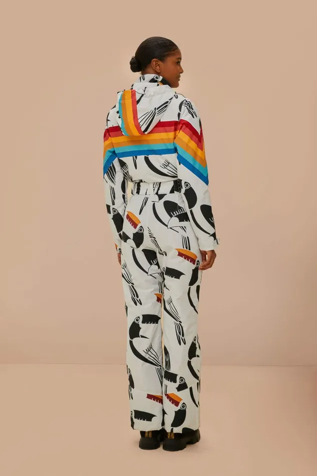 White Toucans Rainbow Ski Jumpsuit Women FARM Rio Puffer Jackets White Toucans Rainbow Ski Jumpsuit Women FARM Rio Puffer Jackets