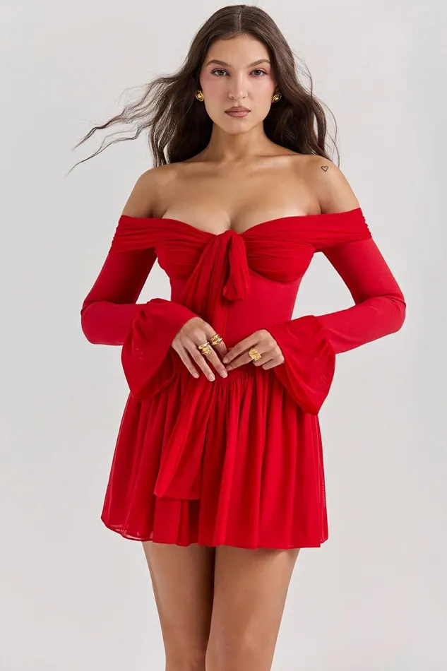 Women Alana Scarlet Off Shoulder Dress House Of CB Dresses