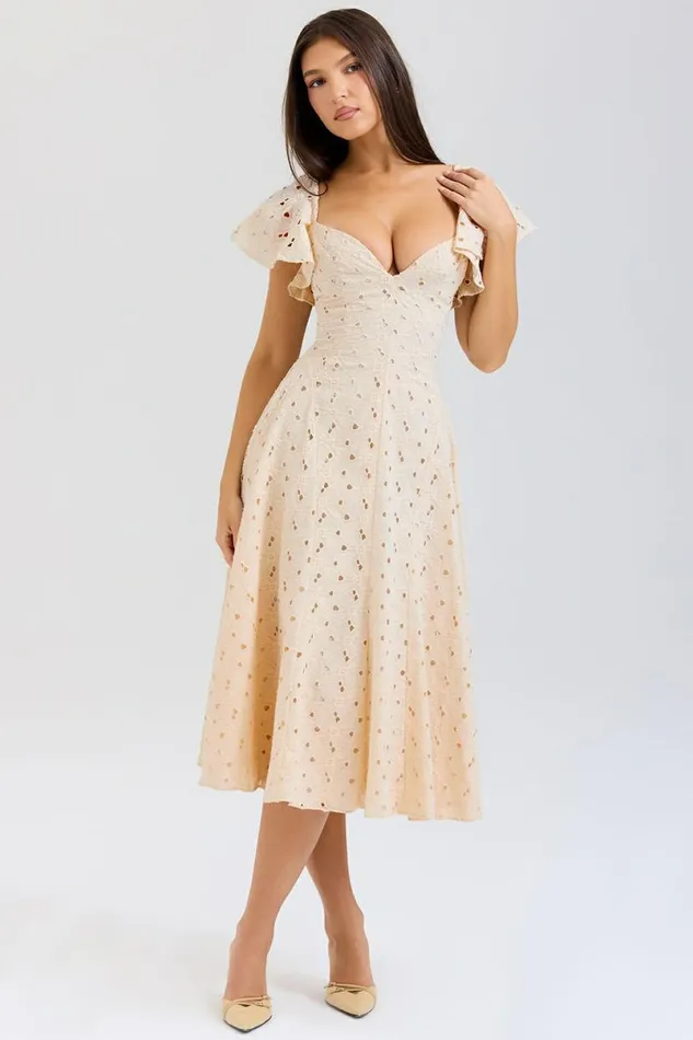 Women Amaya Cream Tea Broderie Anglais Midi Dress House Of CB Dresses