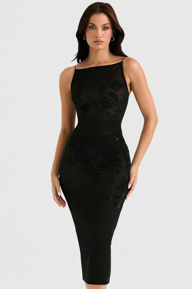 Women Amirah Black Mesh Crystal Embellished Midi Dress House Of CB Dresses