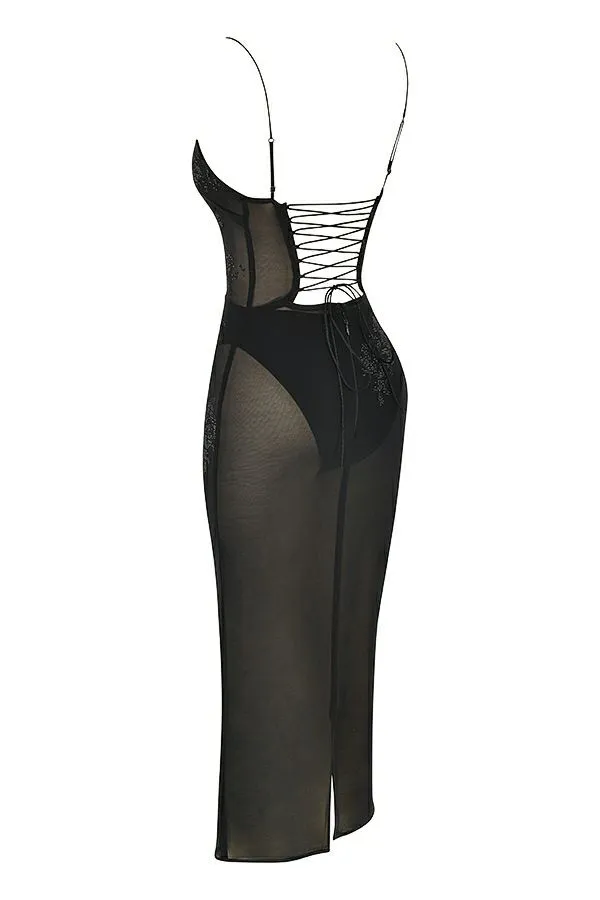 Women Amirah Black Mesh Crystal Embellished Midi Dress House Of CB Dresses Women Amirah Black Mesh Crystal Embellished Midi Dress House Of CB Dresses
