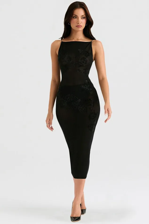 Women Amirah Black Mesh Crystal Embellished Midi Dress House Of CB Dresses Women Amirah Black Mesh Crystal Embellished Midi Dress House Of CB Dresses