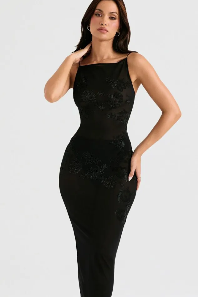 Women Amirah Black Mesh Crystal Embellished Midi Dress House Of CB Dresses Women Amirah Black Mesh Crystal Embellished Midi Dress House Of CB Dresses