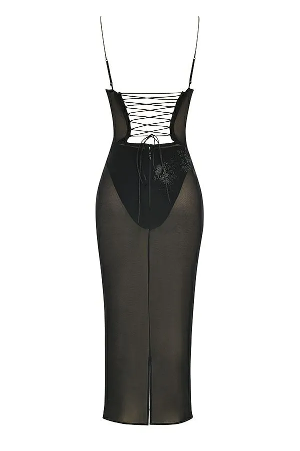 Women Amirah Black Mesh Crystal Embellished Midi Dress House Of CB Dresses Women Amirah Black Mesh Crystal Embellished Midi Dress House Of CB Dresses