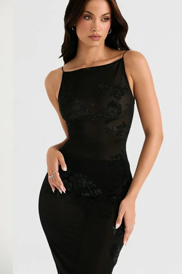 Women Amirah Black Mesh Crystal Embellished Midi Dress House Of CB Dresses Women Amirah Black Mesh Crystal Embellished Midi Dress House Of CB Dresses
