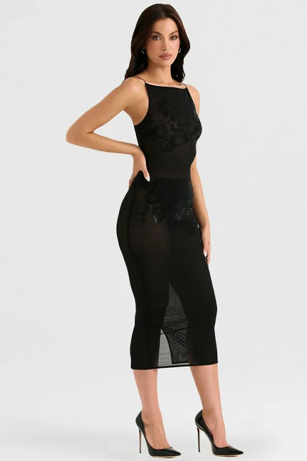 Women Amirah Black Mesh Crystal Embellished Midi Dress House Of CB Dresses Women Amirah Black Mesh Crystal Embellished Midi Dress House Of CB Dresses
