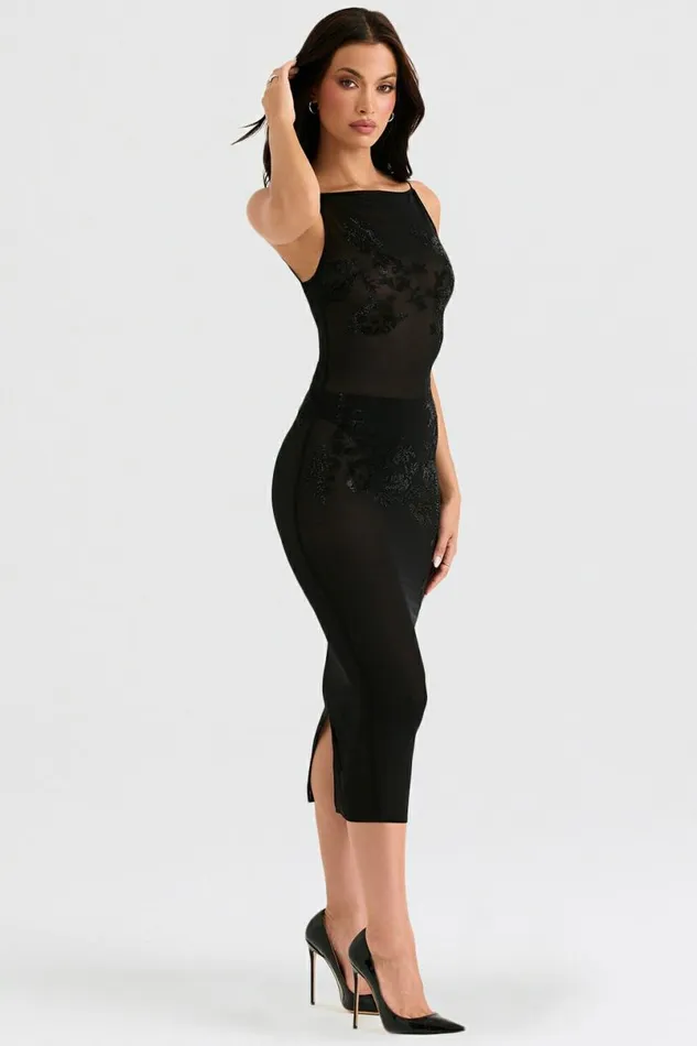 Women Amirah Black Mesh Crystal Embellished Midi Dress House Of CB Dresses Women Amirah Black Mesh Crystal Embellished Midi Dress House Of CB Dresses