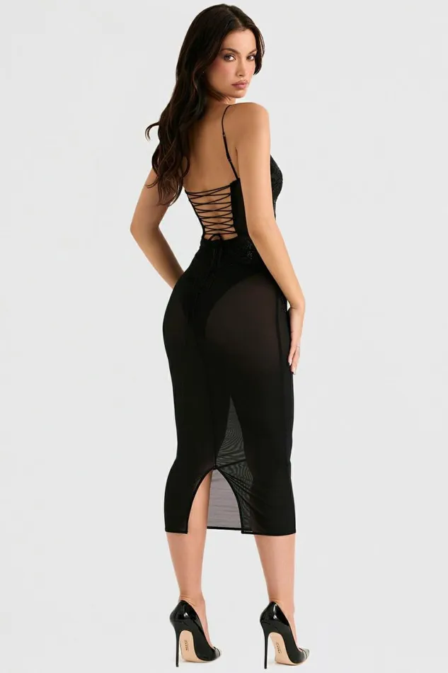 Women Amirah Black Mesh Crystal Embellished Midi Dress House Of CB Dresses Women Amirah Black Mesh Crystal Embellished Midi Dress House Of CB Dresses