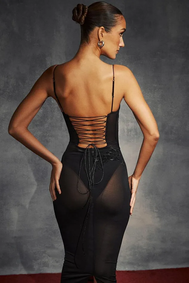 Women Amirah Black Mesh Crystal Embellished Midi Dress House Of CB Dresses Women Amirah Black Mesh Crystal Embellished Midi Dress House Of CB Dresses