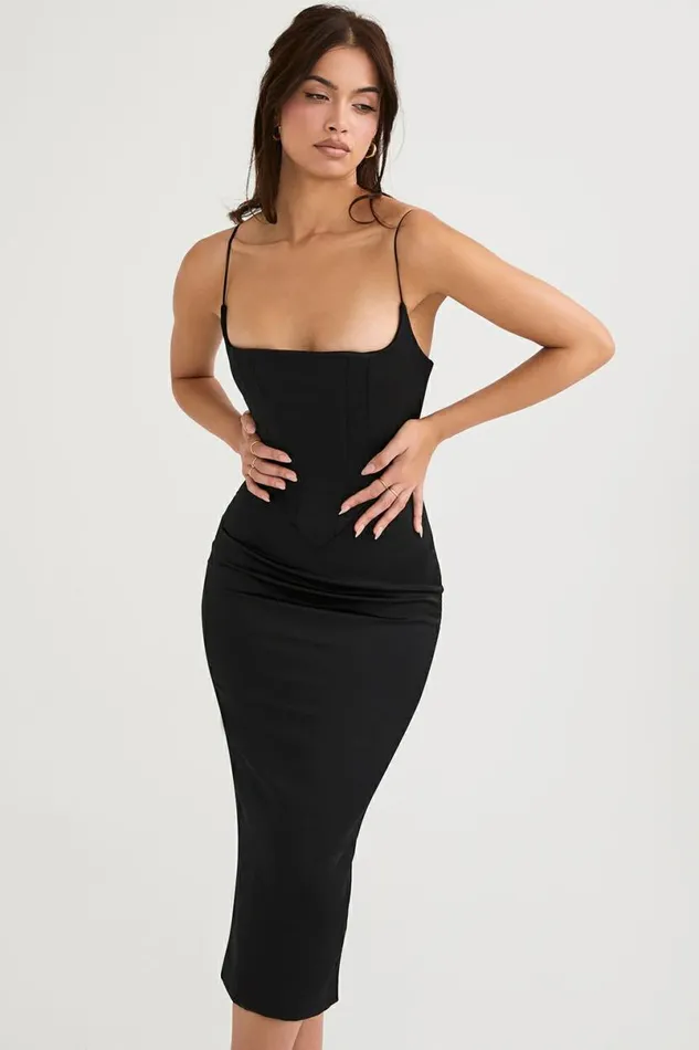 Women Anais Black Satin Pointed Corset Midi Dress House Of CB Dresses Women Anais Black Satin Pointed Corset Midi Dress House Of CB Dresses