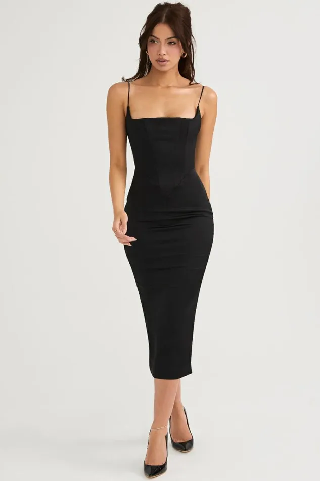 Women Anais Black Satin Pointed Corset Midi Dress House Of CB Dresses Women Anais Black Satin Pointed Corset Midi Dress House Of CB Dresses
