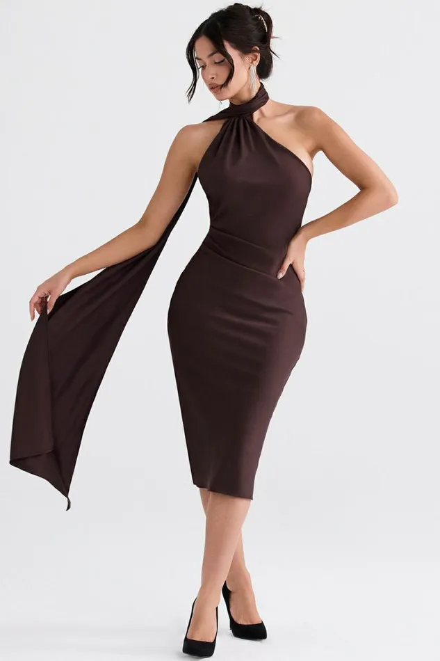 Women Angelina Chocolate Wrap Neck Midi Dress House Of CB Dresses