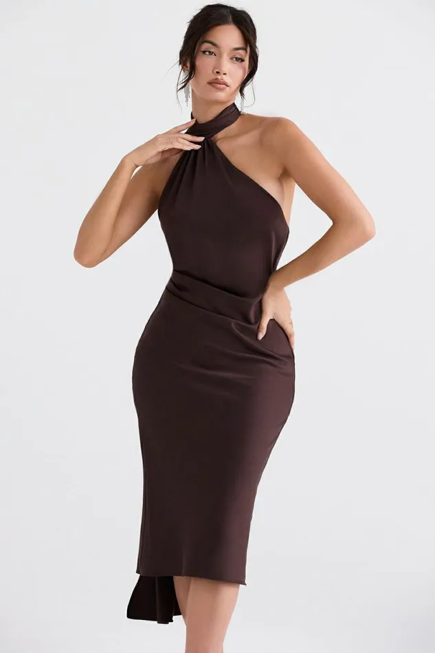 Women Angelina Chocolate Wrap Neck Midi Dress House Of CB Dresses
