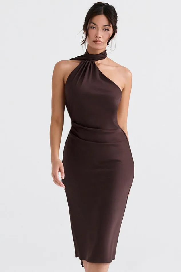 Women Angelina Chocolate Wrap Neck Midi Dress House Of CB Dresses