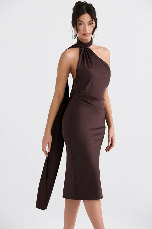 Women Angelina Chocolate Wrap Neck Midi Dress House Of CB Dresses