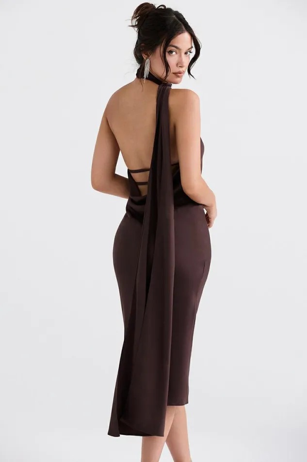 Women Angelina Chocolate Wrap Neck Midi Dress House Of CB Dresses