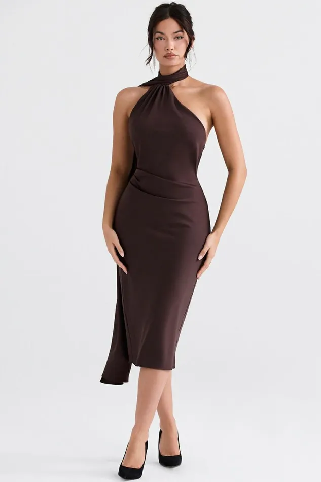Women Angelina Chocolate Wrap Neck Midi Dress House Of CB Dresses