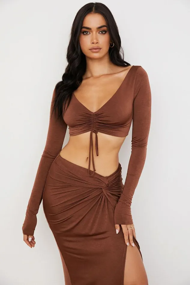 Women Angelita Chocolate Gathered Crop Top House Of CB Tops