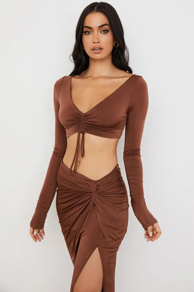 Women Angelita Chocolate Gathered Crop Top House Of CB Tops