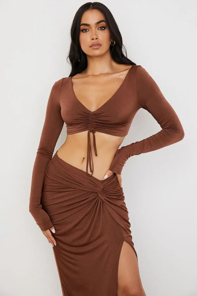 Women Angelita Chocolate Gathered Crop Top House Of CB Tops