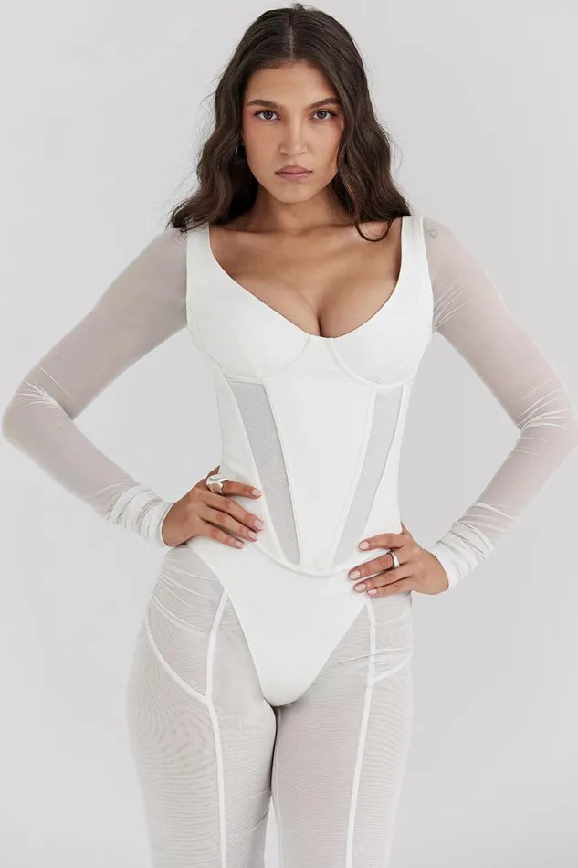 Women Araminta White Long Sleeve Mesh Corset House Of CB Corsets