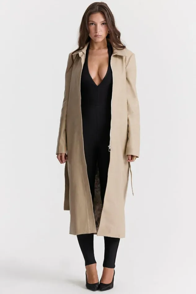 Women Ariel Beige Vegan Leather Trench Coat House Of CB Outerwear