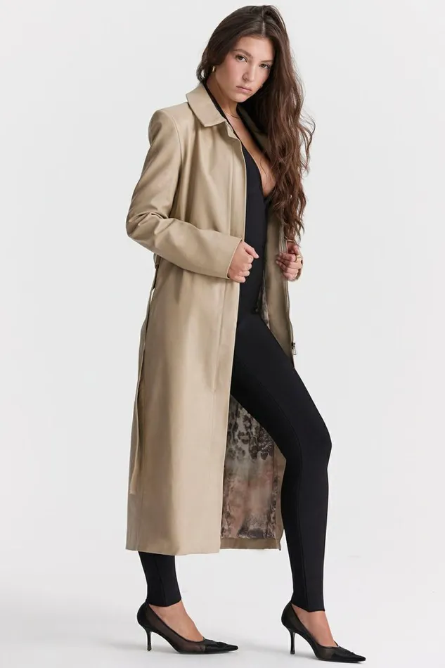 Women Ariel Beige Vegan Leather Trench Coat House Of CB Outerwear Women Ariel Beige Vegan Leather Trench Coat House Of CB Outerwear