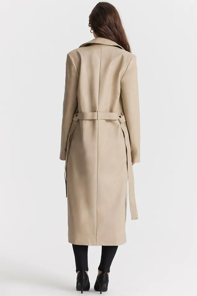Women Ariel Beige Vegan Leather Trench Coat House Of CB Outerwear Women Ariel Beige Vegan Leather Trench Coat House Of CB Outerwear