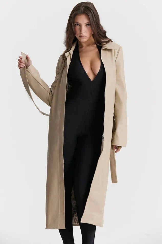 Women Ariel Beige Vegan Leather Trench Coat House Of CB Outerwear Women Ariel Beige Vegan Leather Trench Coat House Of CB Outerwear