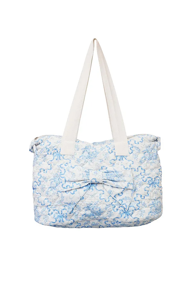 Women Bags and Travel LoveShackFancy Oran Weekender Bow Tote Bag Blissful Blue Women Bags and Travel LoveShackFancy Oran Weekender Bow Tote Bag Blissful Blue
