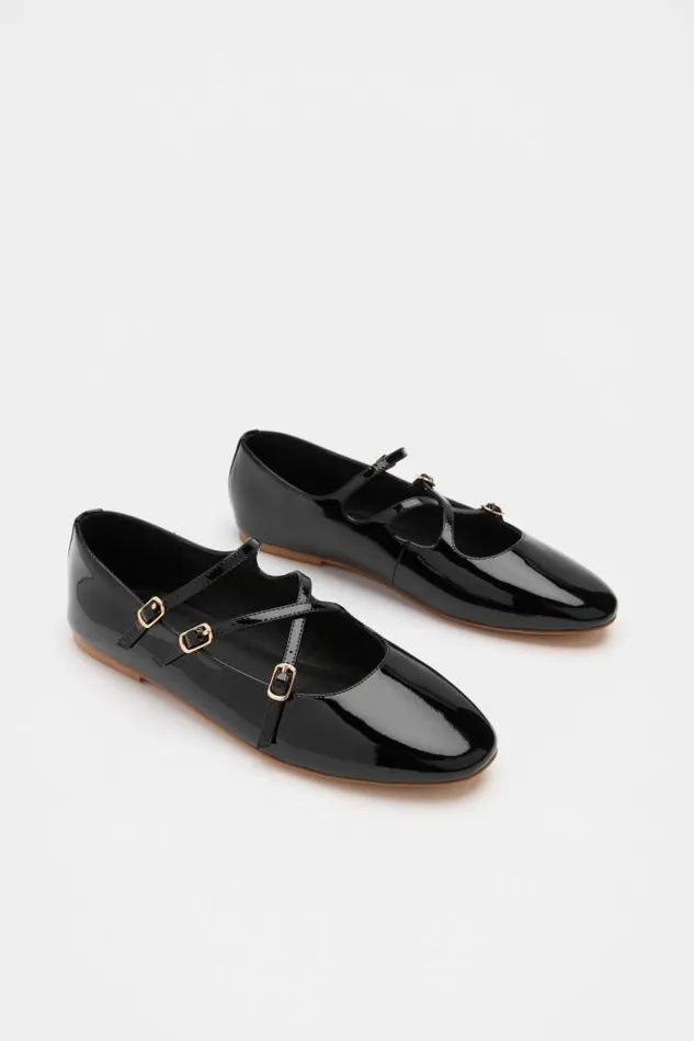 Women Ballets Seed Heritage Cameron Triple Strap Ballet Flat Black Patent