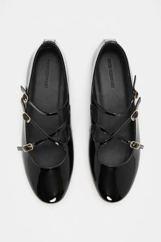 Women Ballets Seed Heritage Cameron Triple Strap Ballet Flat Black Patent