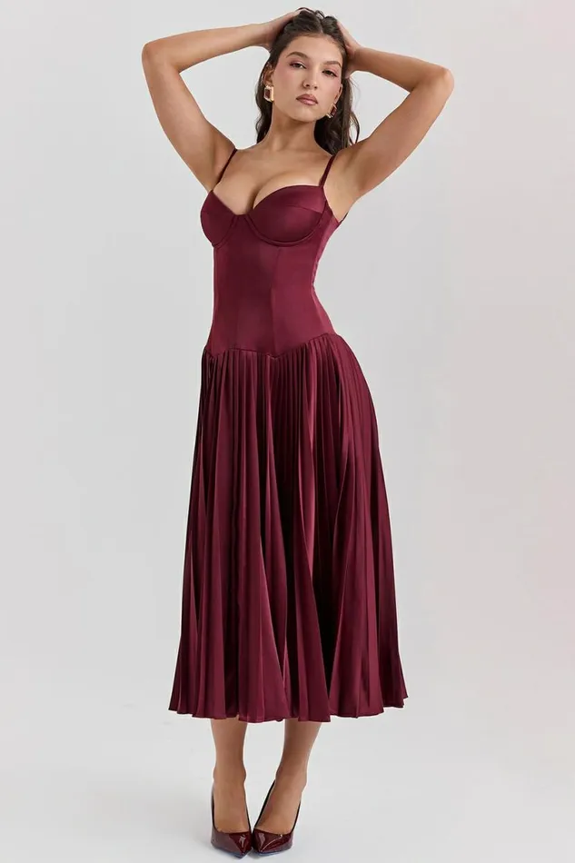 Women Beau Wine Pleated Midi Dress House Of CB Dresses